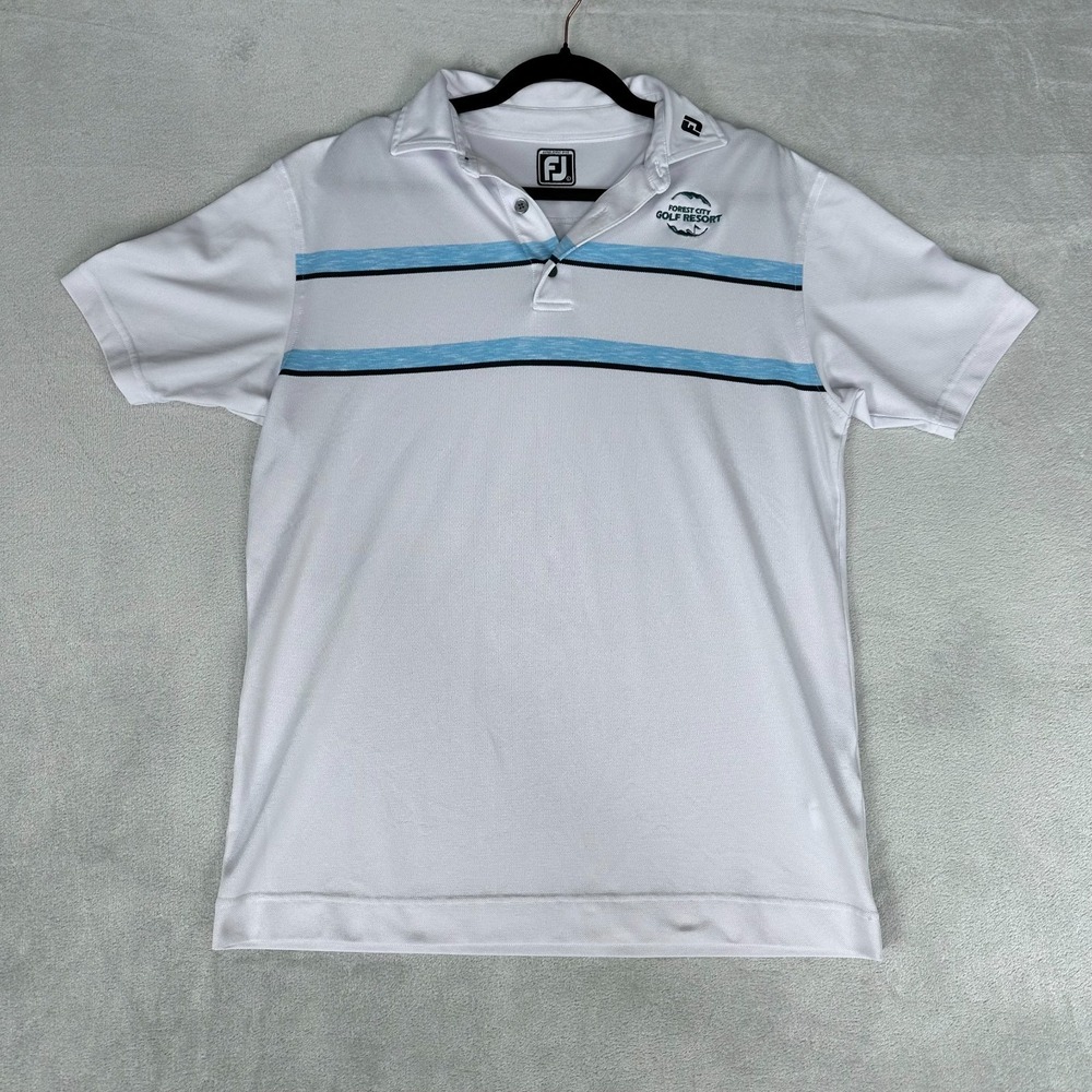 Footjoy FJ Polo Shirt Mens Large White Stripe Athletic Fit Golf Performance Logo